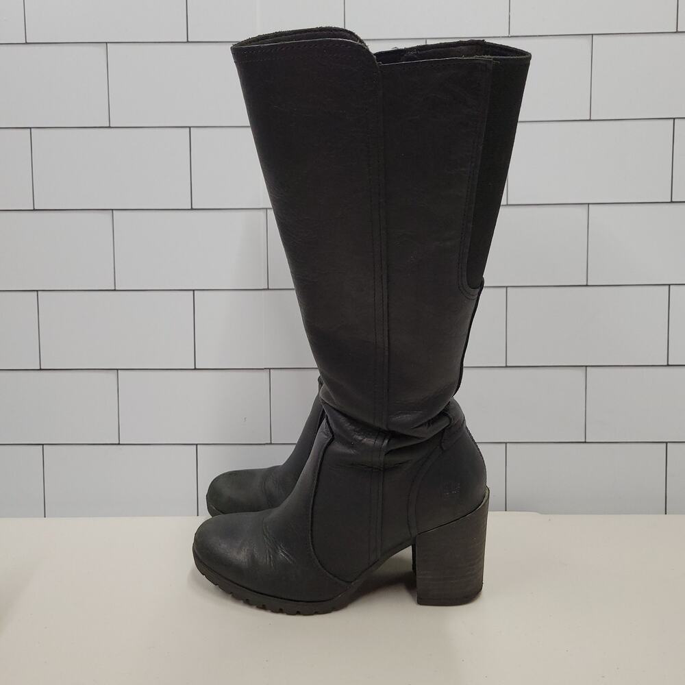 Timberland Womens Size 6 Black Leather Tall Knee High Heeled Boots Green Rubber